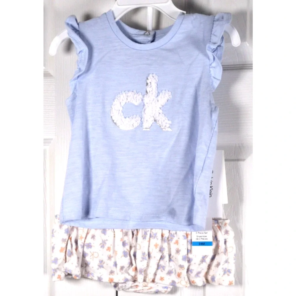 Calvin Klein Baby 2-Piece Rosette Logo Shirt Gauze Skirted Diaper Cover Set NWT